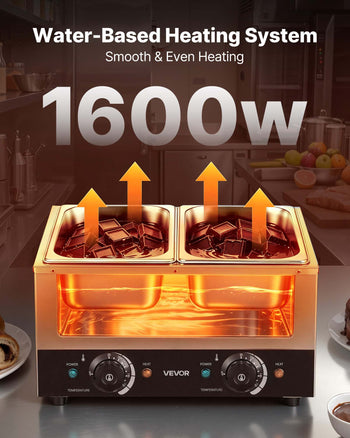 2-Temp Knob Chocolate Melting Machine, 2 Tanks 17.6 Lbs Choc Melter, 1600W Power, Independent Temp Control, Water Bath Heat System, Stainless Steel, 86℉ - 185℉, Cheese Warmer, Commercial & Home