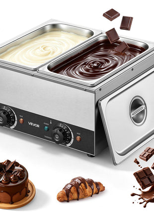 2-Temp Knob Chocolate Melting Machine, 2 Tanks 17.6 Lbs Choc Melter, 1600W Power, Independent Temp Control, Water Bath Heat System, Stainless Steel, 86℉ - 185℉, Cheese Warmer, Commercial & Home