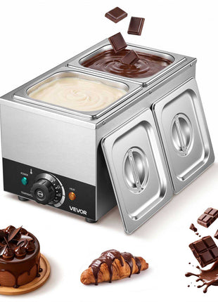 Chocolate Melting Machine, 2 Tanks 9 Lbs Choc Commercial Melter, 800W High Power, Water Bath Heating System, Stainless Steel Body, 86℉- 185℉ Temp Range, Chocolate Warmer for Cheese Milk
