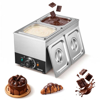 Chocolate Melting Machine, 2 Tanks 9 Lbs Choc Commercial Melter, 800W High Power, Water Bath Heating System, Stainless Steel Body, 86℉- 185℉ Temp Range, Chocolate Warmer for Cheese Milk