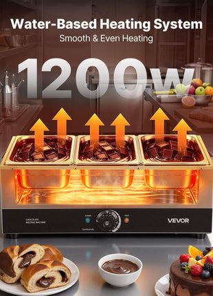 Chocolate Melting Machine, 3 Tanks 27 Lbs Choc Commercial Melter, 1200W High Power, Water Bath Heating System, Stainless Steel Body, 86℉- 185℉ Temp Range, Chocolate Warmer for Cheese Milk