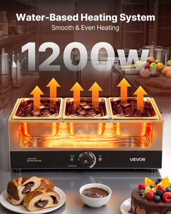 Chocolate Melting Machine, 3 Tanks 27 Lbs Choc Commercial Melter, 1200W High Power, Water Bath Heating System, Stainless Steel Body, 86℉- 185℉ Temp Range, Chocolate Warmer for Cheese Milk