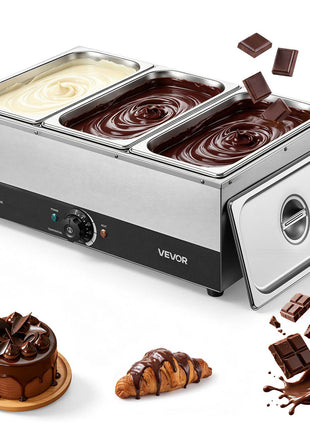 Chocolate Melting Machine, 3 Tanks 27 Lbs Choc Commercial Melter, 1200W High Power, Water Bath Heating System, Stainless Steel Body, 86℉- 185℉ Temp Range, Chocolate Warmer for Cheese Milk