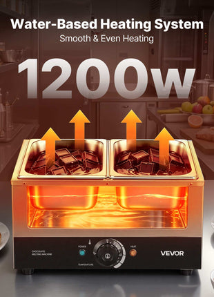 Chocolate Melting Machine, 2 Tanks 17.6 Lbs Choc Commercial Melter, 1200W High Power, Water Bath Heating System, Stainless Steel Body, 86℉- 185℉ Temp Range, Chocolate Warmer for Cheese Milk