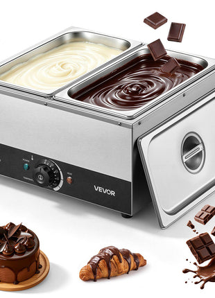 Chocolate Melting Machine, 2 Tanks 17.6 Lbs Choc Commercial Melter, 1200W High Power, Water Bath Heating System, Stainless Steel Body, 86℉- 185℉ Temp Range, Chocolate Warmer for Cheese Milk