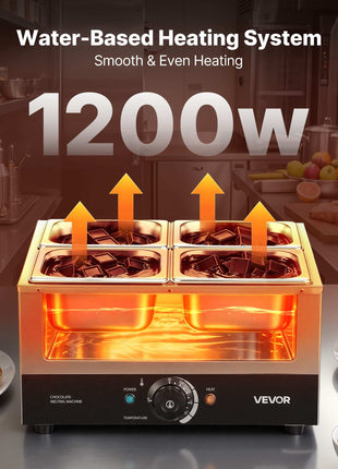 Chocolate Melting Machine, 4 Tanks 17.6 Lbs Choc Commercial Melter, 1200W High Power, Water Bath Heating System, Stainless Steel Body, 86℉- 185℉ Temp Range, Chocolate Warmer for Cheese Milk