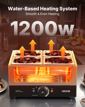 Chocolate Melting Machine, 4 Tanks 17.6 Lbs Choc Commercial Melter, 1200W High Power, Water Bath Heating System, Stainless Steel Body, 86℉- 185℉ Temp Range, Chocolate Warmer for Cheese Milk