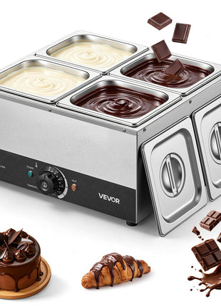Chocolate Melting Machine, 4 Tanks 17.6 Lbs Choc Commercial Melter, 1200W High Power, Water Bath Heating System, Stainless Steel Body, 86℉- 185℉ Temp Range, Chocolate Warmer for Cheese Milk