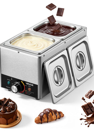 Chocolate Melting Machine, 3 Cook Modes, 2 Tanks 9 Lbs Choc Melter, 86℉ - 230℉, 3 Cook Modes, 800W Power, Water Bath Heat System, 1/6 x 2 Pans, Stainless Steel, Cheese Warmer, Commercial & Home