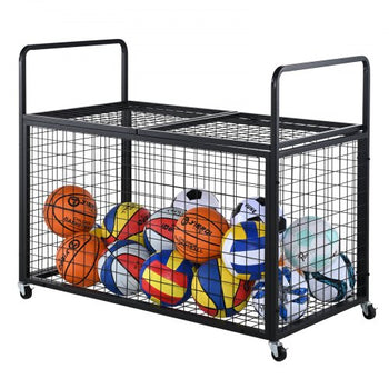 Rolling Sports Ball Storage Cart, Lockable Basketball Cage with Double Lids, Sport Equipment Holder Organizer for Indoor Outdoor, Steel Storage Rack for Garages, Playgroup, Gym and Schools