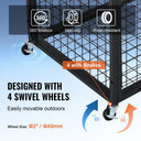 Black metal utility cart with 4 swivel wheels, featuring a 360° rotation and non-slip surface, perfect for outdoor use.