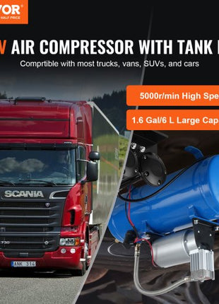 12V Air Compressor with Tank 1.6 Gallon/6 L, Train Horn Air Compressor, 120 psi Working Pressure Onboard Air Compressor System for Train Air Horns, Inflating Tires, Air Mattresses