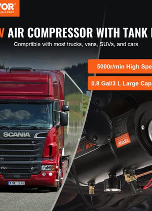 12V Air Compressor with Tank 0.8 Gallon/3 L, Train Horn Air Compressor, 120 psi Working Pressure Onboard Air Compressor System for Train Air Horns, Inflating Tires, Air Mattresses