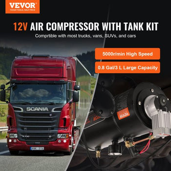 12V Air Compressor with Tank 0.8 Gallon/3 L, Train Horn Air Compressor, 120 psi Working Pressure Onboard Air Compressor System for Train Air Horns, Inflating Tires, Air Mattresses