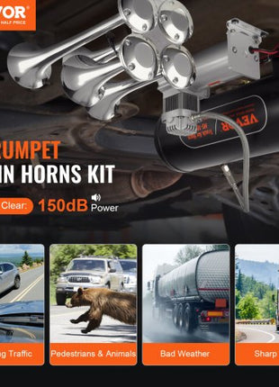 Train Horns Kit, 4 Trumpet Air Horn Kit, 150dB Train Horns for Pickup Trucks, 12V 160 psi Air Compressor 2.6 Gal/10 L Tank with Gauge for Any 12V Vehicle Car Truck Train Van Boat