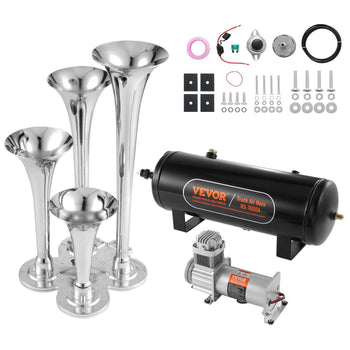 Chrome stainless steel air horn kit with compressor, featuring four polished trumpets and mounting hardware.