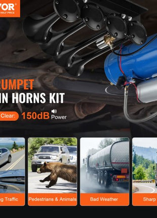 Train Horns Kit, 4 Trumpet Air Horn Kit, 150dB Train Horns for Pickup Trucks, 12V 120 psi Air Compressor 1.6 Gal/6 L Tank with Gauge for Any 12V Vehicle Car Truck Train Van Boat