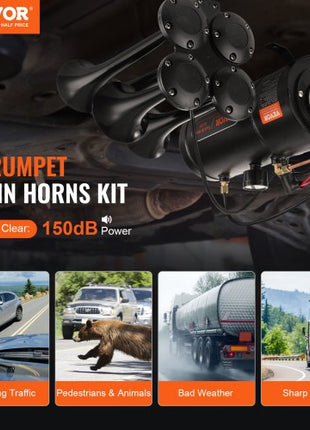 Train Horns Kit, 4 Trumpet Air Horn Kit, 150dB Train Horns for Pickup Trucks, 12V 120 psi Air Compressor 0.8 Gal/3 L Tank with Gauge for Any 12V Vehicle Car Truck Train Van Boat