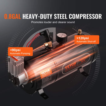 0.8GAL heavy-duty steel air compressor, black and silver, features automatic shut-off and promotes clear sound.