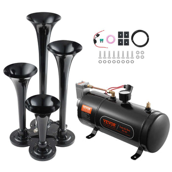 Black air horn kit with four trumpet horns and compressor, ideal for vehicles, includes installation accessories.
