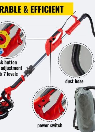 Drywall Sander 850W, Electric Drywall Sander, Variable Speed 800-1750 RPM, Foldable Sheetrock Sander, with Telescope Handle, Electric Sander, with LED Strip Light and Vacuum Bag, Wall Sander