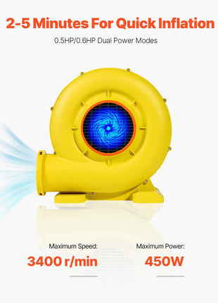 Inflatable Blower, 380W&450W, 0.5 & 0.6 HP Bounce House Blower, Pump Commercial Air Blower for Inflatables, Bouncy Castle Electric Air Blower Fan Perfect for Bounce House, Waterslides, Yellow