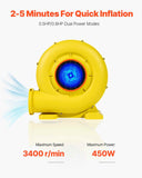 Inflatable Blower, 380W&450W, 0.5 & 0.6 HP Bounce House Blower, Pump Commercial Air Blower for Inflatables, Bouncy Castle Electric Air Blower Fan Perfect for Bounce House, Waterslides, Yellow