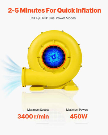 Inflatable Blower, 380W&450W, 0.5 & 0.6 HP Bounce House Blower, Pump Commercial Air Blower for Inflatables, Bouncy Castle Electric Air Blower Fan Perfect for Bounce House, Waterslides, Yellow