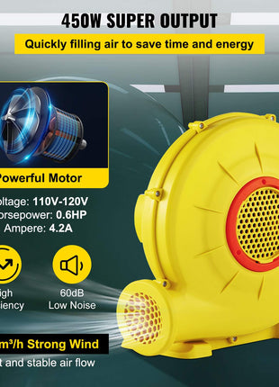 Air Blower, 450W 0.6HP Inflatable Blower, Portable and Powerful Bounce House Blower, 1750Pa Commercial Air Blower Pump Fan, Used for Inflatable Bouncy Castle and Jump  Tested to UL Standards
