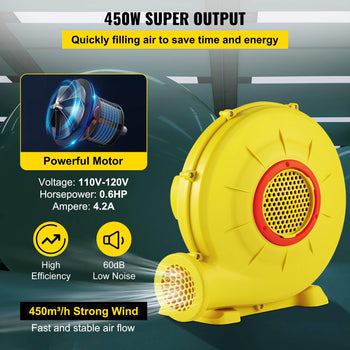 Air Blower, 450W 0.6HP Inflatable Blower, Portable and Powerful Bounce House Blower, 1750Pa Commercial Air Blower Pump Fan, Used for Inflatable Bouncy Castle and Jump  Tested to UL Standards