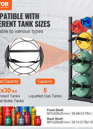 Refrigerant Tank Rack, with 2 x 30lbs and Other 3 Small Bottle Tanks, Cylinder Tank Rack 12.79x12.99x47.12 in, Refrigerant Cylinder Rack and Holders for Freon, Gases, Oxygen, Nitrogen