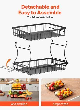 2 Tier Fruit Basket, Countertop Fruits Vegetable Bowl with Banana Hangers, Metal Wire Storage Stand for Kitchen Counter, Detachable Stackable Holder Organizer for Bread Snack Veggies, Black