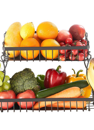 2 Tier Fruit Basket, Countertop Fruits Vegetable Bowl with Banana Hangers, Metal Wire Storage Stand for Kitchen Counter, Detachable Stackable Holder Organizer for Bread Snack Veggies, Black