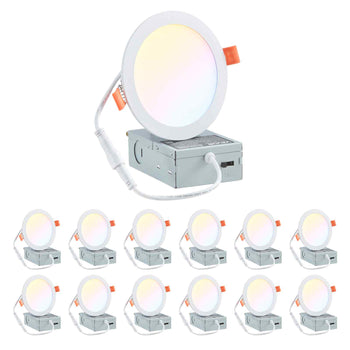 12 Pack 6 Inch LED Recessed Ceiling Light, 5CCT, Canless Wafer Downlight with Junction Box, 2700K/3000K/3500K/4000K/5000K Selectable, 1100 LM High Brightness 12W 120V, for Indoor Home Lighting