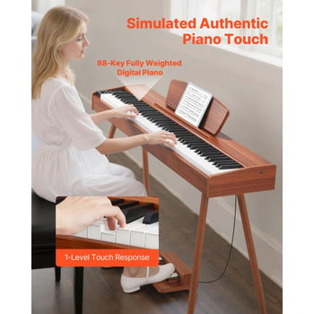 Weighted Digital Piano, 88 Keys Fully Weighted, Electric Piano Keyboard with Sheet Music Stand, Triple Pedal, Power Adapter, 280 Tones, Support Wireless Connection, for Beginners, Wood Color