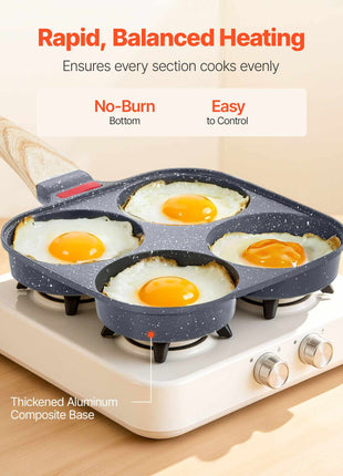 Egg Pan, 4-Cup Nonstick Egg Frying Pan, Aluminum Breakfast Omelette Skillet for Pancakes, Hamburgers, Sandwiches, with Lid, Oil Brush, Scraper, Compatible with Gas Stove & Induction Cookware