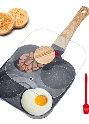 Egg Pan, 4-Cup Nonstick Egg Frying Pan, Aluminum Breakfast Omelette Skillet for Pancakes, Hamburgers, Sandwiches, with Lid, Oil Brush, Scraper, Compatible with Gas Stove & Induction Cookware