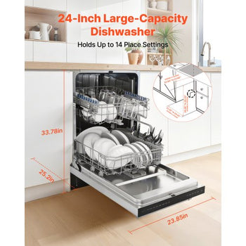 24 Inch Built-In Dishwasher, Stainless Steel Tub, 14 Place Settings and 8 Washing Programs, 23.82 x 25.2 x 33.78 Inch Low-Noise Dishwashing Machine with Upper / Lower Racks and Zoned Storage
