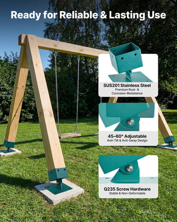 Swing Set Brackets, 4 Pack Heavy Duty Swing Set Leveling Hardware, Fits 4 x 4 in Post (Actual 3.6 x 3.6 in), 45°-60° Angle Range, Stainless Steel Anchor Level Kit on Uneven Grass Wooden Ground