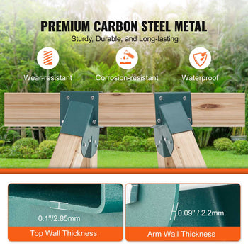Premium carbon steel metal brackets with wooden beams, corrosion-resistant, wear-resistant, and waterproof. Green and brown.