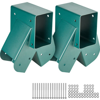 "Green steel post brackets with hardware for secure mounting, ideal for outdoor projects and structures."