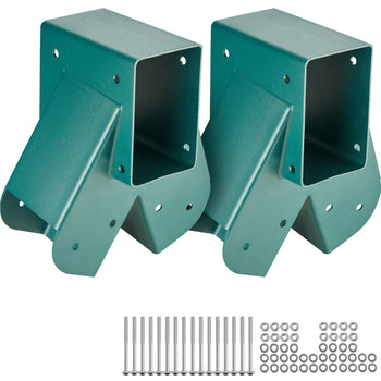 "Green steel post brackets with hardware for secure mounting, ideal for outdoor projects and structures."
