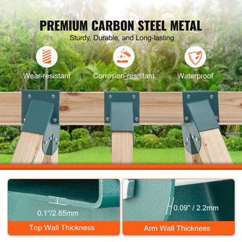Premium green carbon steel metal brackets, wear-resistant and waterproof, with 0.1" wall thickness, ideal for durable construction.