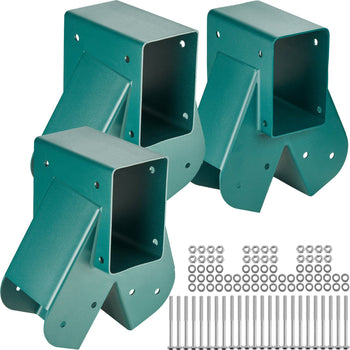 Set of three green powder-coated metal post brackets with bolts, ideal for securing outdoor structures.
