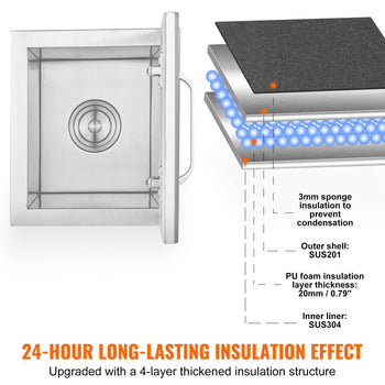 Stainless steel insulated container with a grey foam lining and 4-layer insulation, designed for 24-hour temperature retention.