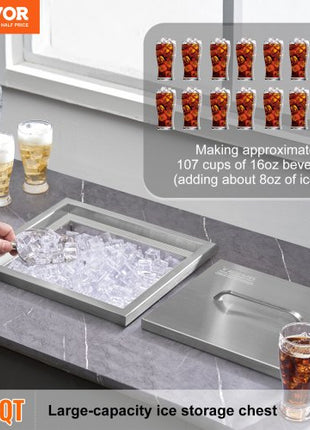 Drop in Ice Chest, 14"L x 12"W x 18"H Stainless Steel Ice Cooler, Commercial Ice Bin with Cover, 40 qt Outdoor Kitchen Ice Bar, Drain-pipe and Drain Plug Included, for Cold Wine Beer
