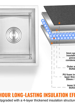 Stainless steel insulated sink with 3mm sponge layer, PU foam, and 24-hour condensation prevention. Durable and stylish.