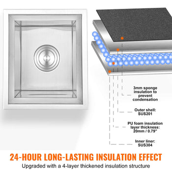 Stainless steel insulated sink with 3mm sponge layer, PU foam, and 24-hour condensation prevention. Durable and stylish.