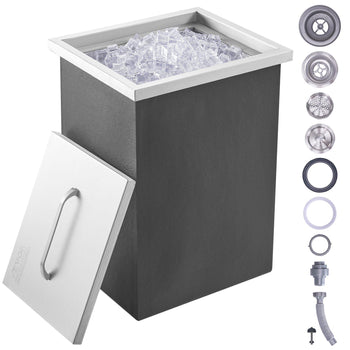 Black ice bucket with stainless steel accents, featuring a removable lid and ice compartment, perfect for parties.