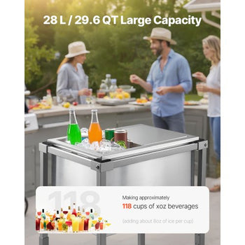 Rolling Ice Chest Cooler Cart, 20"L x 14"W x 38"H Stainless Steel Cooling Bin on Wheels, 29.6 Quart Outdoor Stand Up Cooler Trolley with Shelf, for Patio Backyard Party Bar Cold Drinks